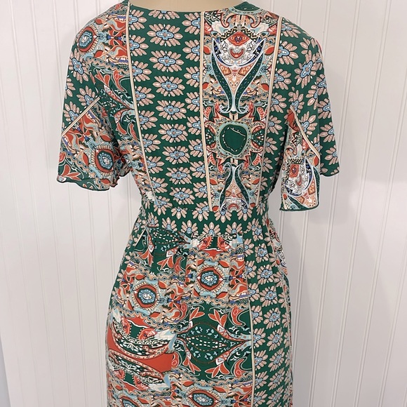 Boho Maxi Dress Faux Wrap Side Slits V Neck Short Flutter Sleeves Like New Small - Picture 8 of 17